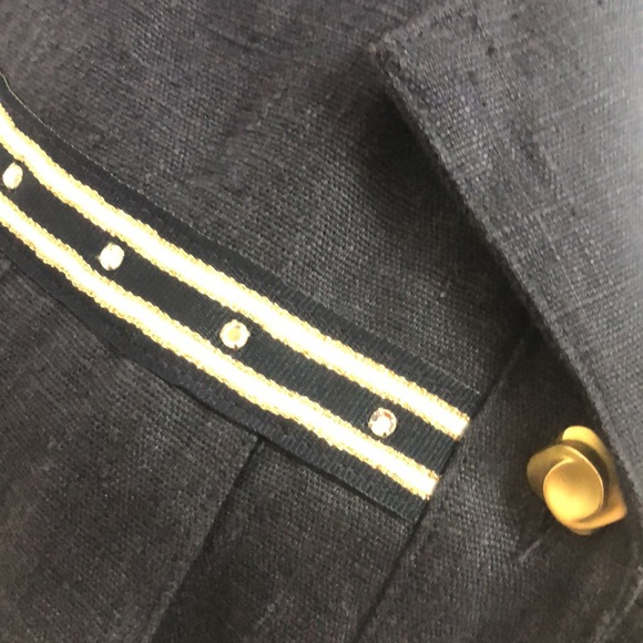 CACHÉ 💯% LINEN NAVY BLUE JACKET • GOLD BUTTONS • RHINESTONE TRIM • Sz L - Picture 4 of 15